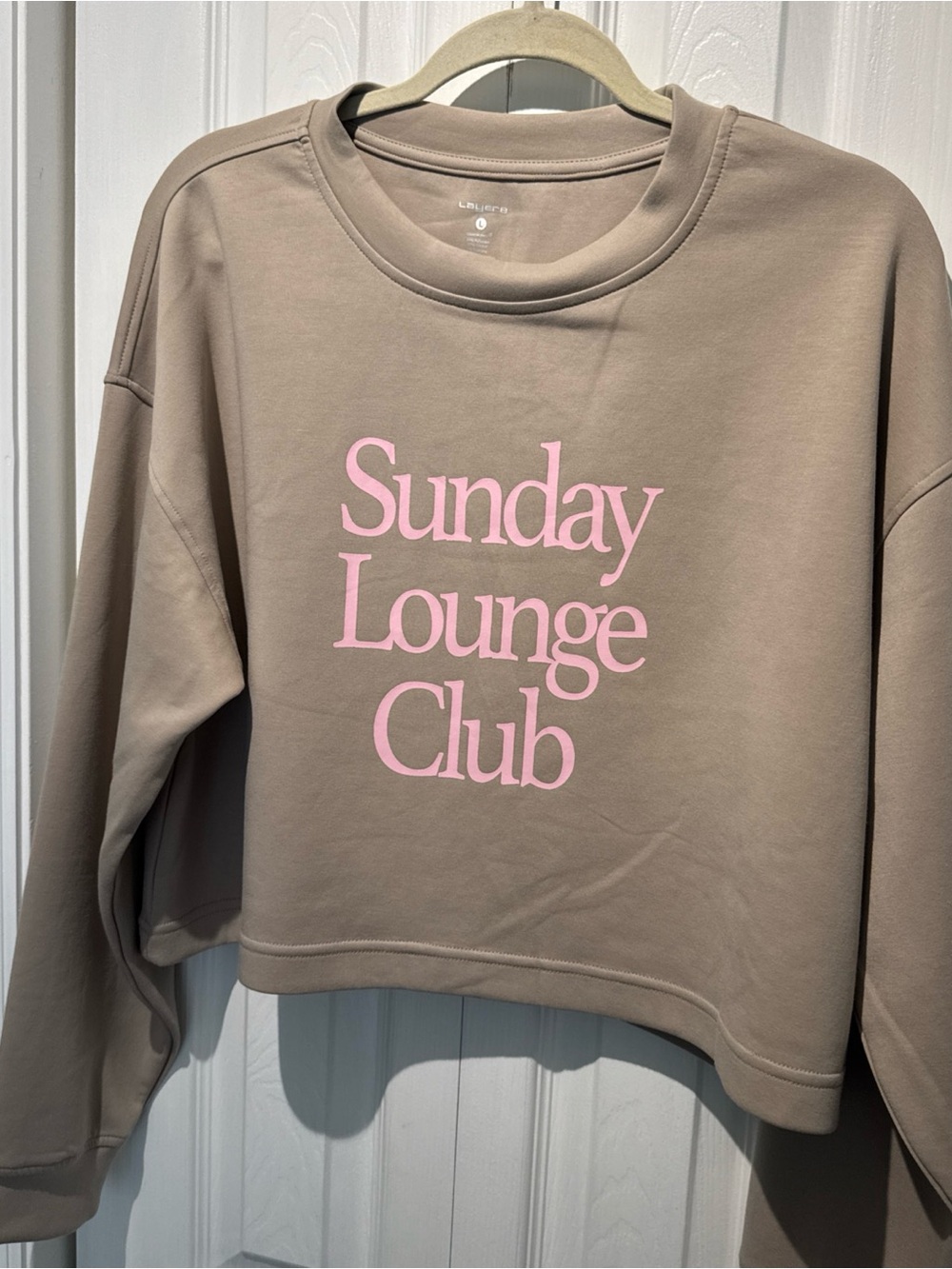 Sunday Lounge Club Cropped Sweatshirt - Taupe with Pink Logo
